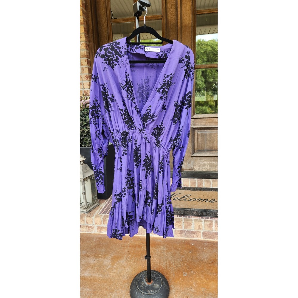 Zara Purple Floral V-Neck Mini Dress Long Sleeve Elastic Waist Tiered Hem Medium